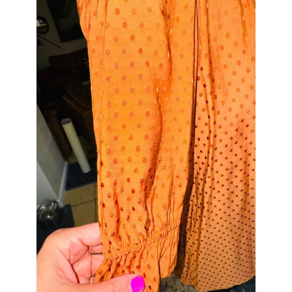 Draper James RSVP Orange Polka Dot Blouse Tie Neck Smocked Sleeves L Office SIre - Picture 12 of 13